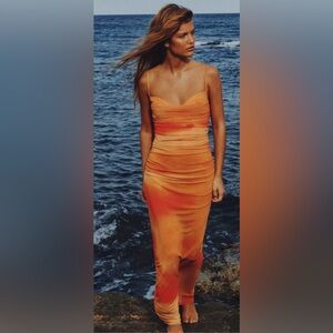 Zara draped printed tulle orange maxi dress - medium